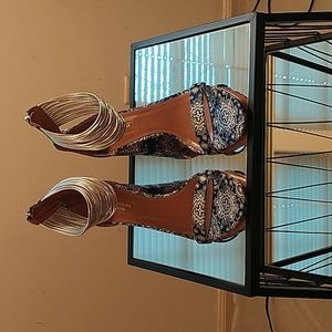 Aquazzura Spin Me Around Multi-strap Sandal, Damask Blue, size 39